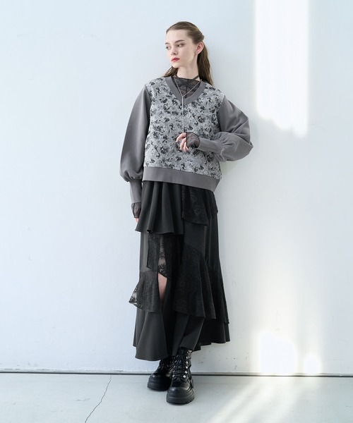 ストリングジャガードキリカエVネックトップス(HARE)（スウェット