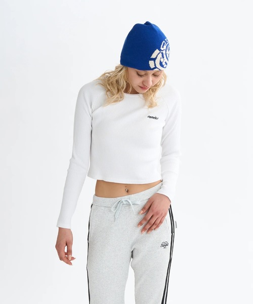 ELEMENT eden(エレメントエデン)の「ELEMENT レディース RIB RINGER LS WOMEN ロンT 【2025年秋冬モデル】/エレメントセットアップ対応クロップド丈ロゴワンポイントリブラグランスリーブ長袖ロンT(Tシャツ/カットソー・レディース・ホワイト×ブルー/ブラック/ホワイト・MEDIUM)」の5枚目の写真