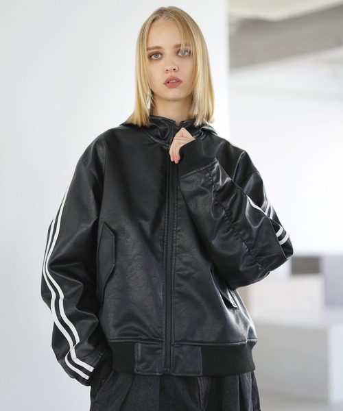 PU合皮サイドライン短丈フードジャケット（ブルゾン）｜ROCHEM