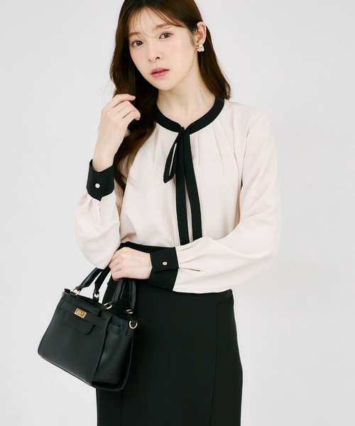 tocco closet（トッコ　クローゼット）の「【ZOZO限定】ポーラ配色タイブラウス（シャツ/ブラウス・レディース・ブラック/オフホワイト/ベージュ/ベビーピンク・M）」の4枚目の写真