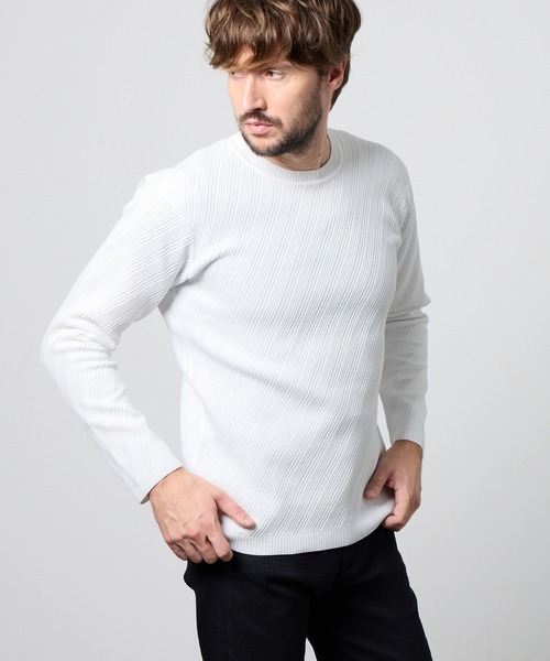 HIDEAWAYS NICOLE(ハイダウェイニコル)の「【WEB限定】バイアスダブルフェイス クルーネックニット(ニット/セーター・メンズ・ブラック/オフホワイト/ブラック系その他/ブルー系その他/ホワイト系その他・MEDIUM/LARGE/X-LARGE)」の2枚目の写真