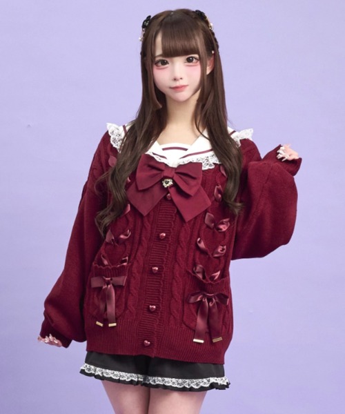 Secret Honey（シークレットハニー）の「ポケット付レースアップカーディガン（ニット/セーター・レディース・ワインレッド/オフホワイト/ブラック・FREE）」の3枚目の写真