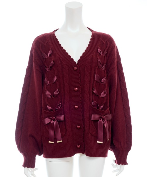 Secret Honey（シークレットハニー）の「ポケット付レースアップカーディガン（ニット/セーター・レディース・ワインレッド/オフホワイト/ブラック・FREE）」の12枚目の写真