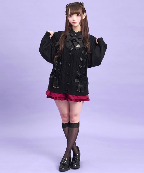 Secret Honey（シークレットハニー）の「ポケット付レースアップカーディガン（ニット/セーター・レディース・ワインレッド/オフホワイト/ブラック・FREE）」の9枚目の写真