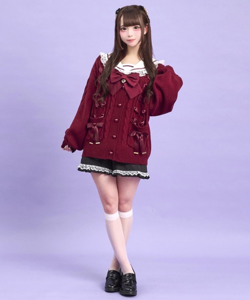 Secret Honey（シークレットハニー）の「ポケット付レースアップカーディガン（ニット/セーター・レディース・ワインレッド/オフホワイト/ブラック・FREE）」の6枚目の写真