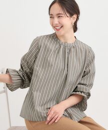 【S-LL】キャンディースリーブが女性らしい マルチストライプブラウス