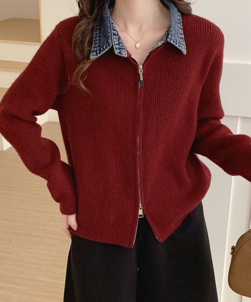 セール】デニム襟ドッキングニットカーディガン（カーディガン/ボレロ