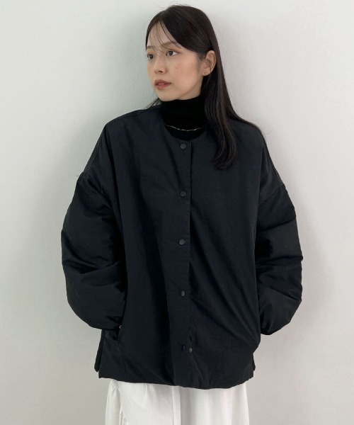 セール】サイドジップノーカラー中綿ジャケット（ノーカラージャケット