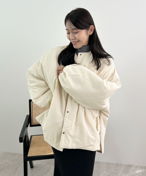 セール】サイドジップノーカラー中綿ジャケット（ノーカラージャケット