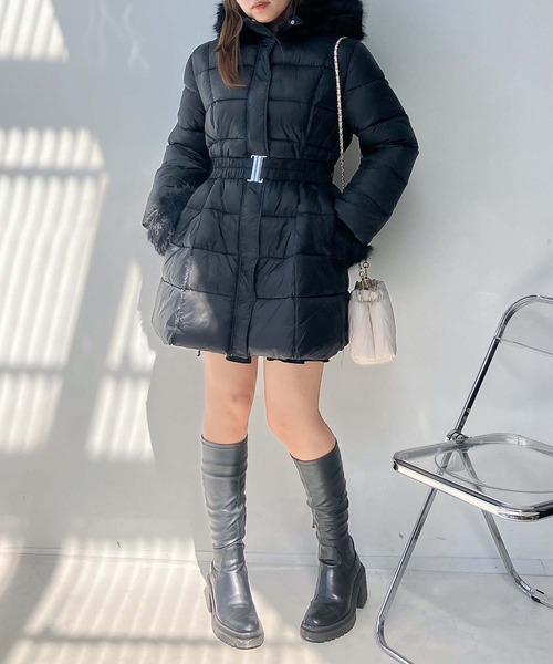 【極上品】Theory ダウンコート ムートン ベルト付き ブラック Sサイズ セール】♪ファーフード ベルト付き Aライン中綿ミドルコート（ダウン