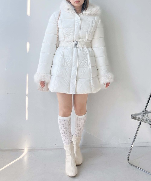 セール】♪ファーフード ベルト付き Aライン中綿ミドルコート（ダウン
