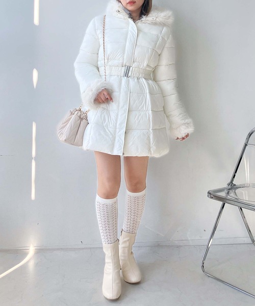 セール】♪ファーフード ベルト付き Aライン中綿ミドルコート（ダウン