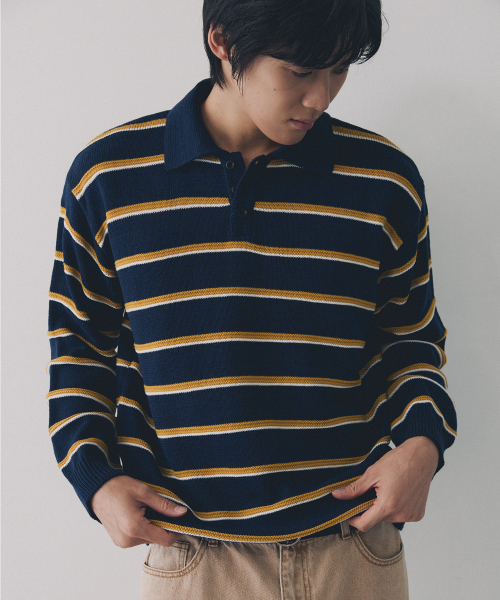 NODU（ノードユー）の「マルチ配色カラーストライプニットTシャツ[ネイビー]（ニット/セーター・メンズ・その他・MEDIUM/LARGE）」の2枚目の写真