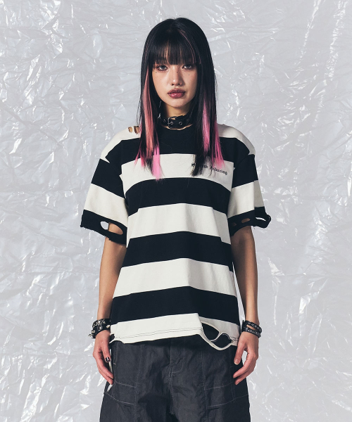 SCHISM INDUCING（スキズムインデューシング）の「BORO STRIPE T SHIRT BLACK（Tシャツ/カットソー・レディース・その他・LARGE/MEDIUM）」の12枚目の写真