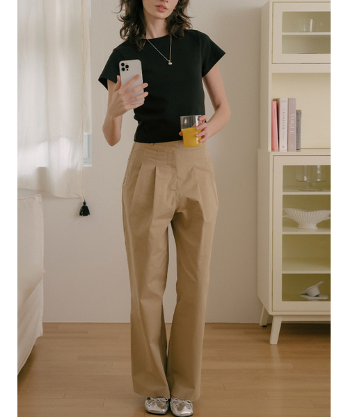 Belt point pintuck wide cotton pants_Beige