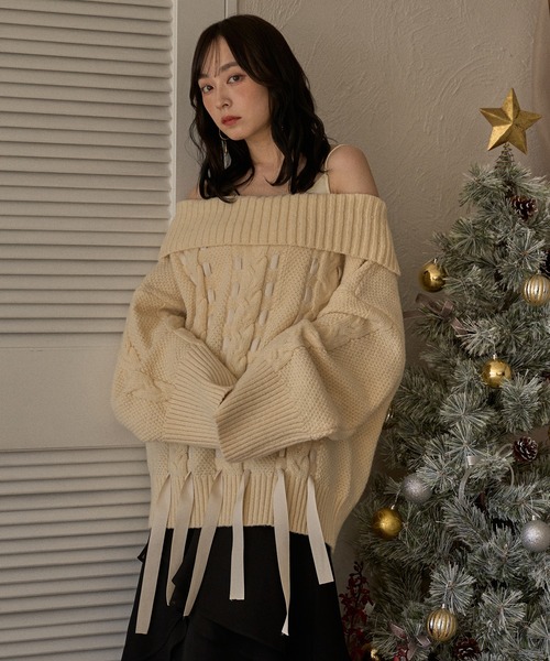 mideal（マイディール）の「ribbon stitch off shoulder knit / リボンステッチオフショルダーニット（ニット/セーター・レディース・チャコールグレー/アイボリー/ピンクベージュ・FREE）」の22枚目の写真