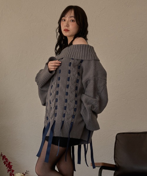 mideal（マイディール）の「ribbon stitch off shoulder knit / リボンステッチオフショルダーニット（ニット/セーター・レディース・チャコールグレー/アイボリー/ピンクベージュ・FREE）」の17枚目の写真