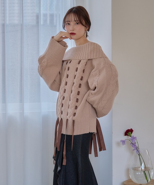 mideal（マイディール）の「ribbon stitch off shoulder knit / リボンステッチオフショルダーニット（ニット/セーター・レディース・チャコールグレー/アイボリー/ピンクベージュ・FREE）」の15枚目の写真