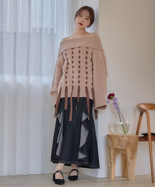 mideal（マイディール）の「ribbon stitch off shoulder knit / リボンステッチオフショルダーニット（ニット/セーター・レディース・チャコールグレー/アイボリー/ピンクベージュ・FREE）」の14枚目の写真