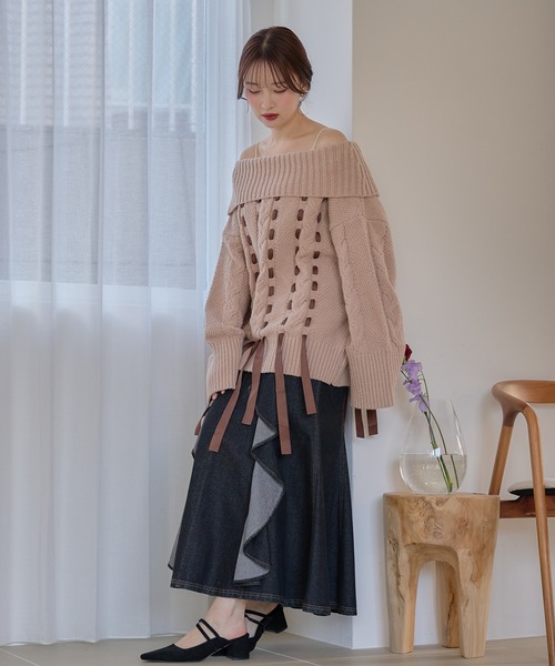 mideal（マイディール）の「ribbon stitch off shoulder knit / リボンステッチオフショルダーニット（ニット/セーター・レディース・チャコールグレー/アイボリー/ピンクベージュ・FREE）」の13枚目の写真