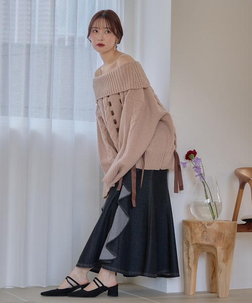mideal（マイディール）の「ribbon stitch off shoulder knit / リボンステッチオフショルダーニット（ニット/セーター・レディース・チャコールグレー/アイボリー/ピンクベージュ・FREE）」の12枚目の写真