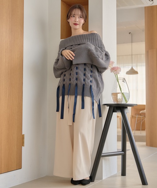 mideal（マイディール）の「ribbon stitch off shoulder knit / リボンステッチオフショルダーニット（ニット/セーター・レディース・チャコールグレー/アイボリー/ピンクベージュ・FREE）」の20枚目の写真