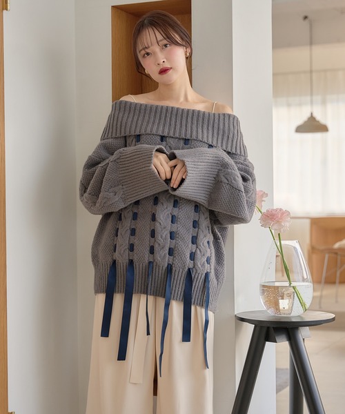 mideal（マイディール）の「ribbon stitch off shoulder knit / リボンステッチオフショルダーニット（ニット/セーター・レディース・チャコールグレー/アイボリー/ピンクベージュ・FREE）」の19枚目の写真