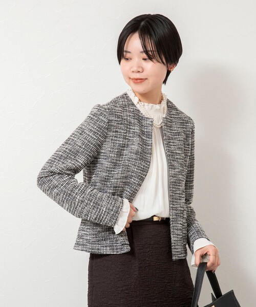 NOLLEY’S（ノーリーズ）の「ウォッシャブルツィーディージャージジャケット（ノーカラージャケット・レディース・ブラック系その他3/オフホワイト/ネイビー・38）」の3枚目の写真