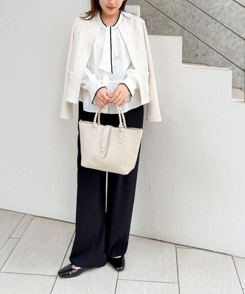 NOLLEY’S（ノーリーズ）の「ウォッシャブルツィーディージャージジャケット（ノーカラージャケット・レディース・ブラック系その他3/オフホワイト/ネイビー・38）」の6枚目の写真