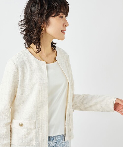 NOLLEY’S（ノーリーズ）の「ウォッシャブルツィーディージャージジャケット（ノーカラージャケット・レディース・ブラック系その他3/オフホワイト/ネイビー・38）」の7枚目の写真