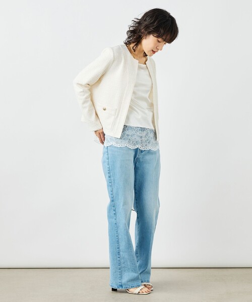 NOLLEY’S（ノーリーズ）の「ウォッシャブルツィーディージャージジャケット（ノーカラージャケット・レディース・ブラック系その他3/オフホワイト/ネイビー・38）」の8枚目の写真