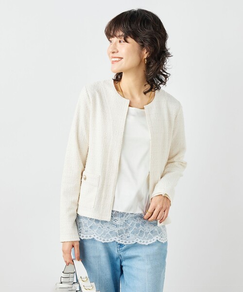 NOLLEY’S（ノーリーズ）の「ウォッシャブルツィーディージャージジャケット（ノーカラージャケット・レディース・ブラック系その他3/オフホワイト/ネイビー・38）」の10枚目の写真