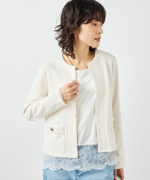 NOLLEY’S（ノーリーズ）の「ウォッシャブルツィーディージャージジャケット（ノーカラージャケット・レディース・ブラック系その他3/オフホワイト/ネイビー・38）」の13枚目の写真