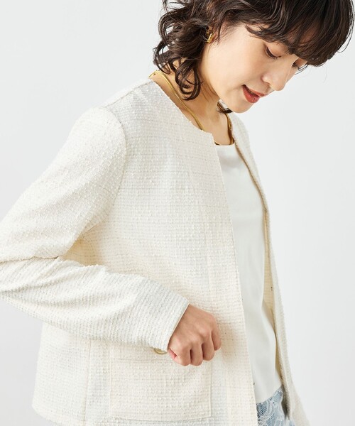 NOLLEY’S（ノーリーズ）の「ウォッシャブルツィーディージャージジャケット（ノーカラージャケット・レディース・ブラック系その他3/オフホワイト/ネイビー・38）」の14枚目の写真