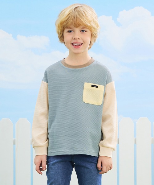 combimini(コンビミニ)の「ストレッチワッフル長袖配色BIGTシャツ(Tシャツ/カットソー・キッズ・サックスブルー/アイボリー・120/110/100/90/80)」の2枚目の写真