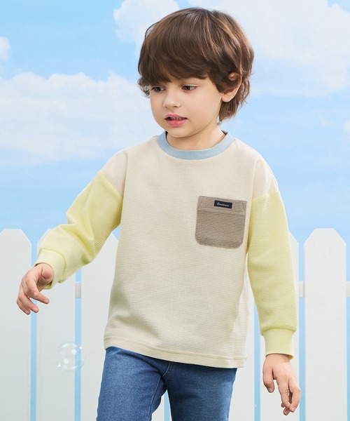 combimini(コンビミニ)の「ストレッチワッフル長袖配色BIGTシャツ(Tシャツ/カットソー・キッズ・サックスブルー/アイボリー・120/110/100/90/80)」の1枚目の写真