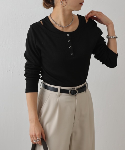 COLONY 2139（コロニートゥーワンスリーナイン）の「テレコレイヤードヘンリーネックプルオーバー（Tシャツ/カットソー・レディース・ブラック/グレー/チャコールグレー・FREE）」の7枚目の写真