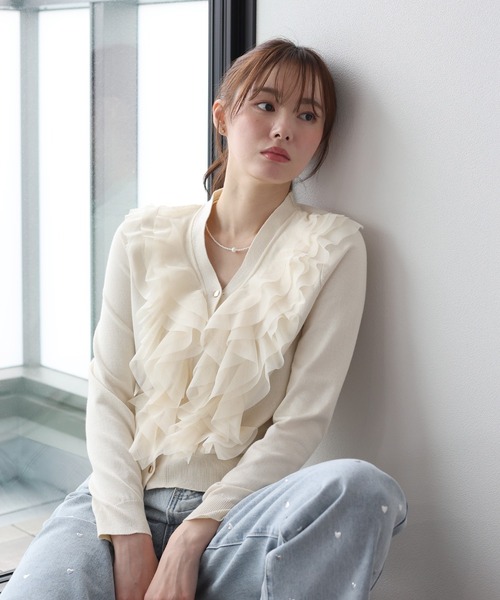 BLUEEAST（ブルーイースト）の「チュールフリルカーディガン（カーディガン/ボレロ・レディース・ピンク/アイボリー/ブラック・MEDIUM）」の2枚目の写真