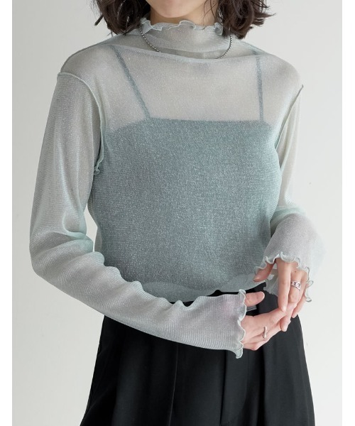 Re:EDIT(リエディ)の「ラメチュールボトルネックシアートップス(Tシャツ/カットソー・レディース・ミント/ピンク/ホワイト/ブラック・MEDIUM)」の1枚目の写真