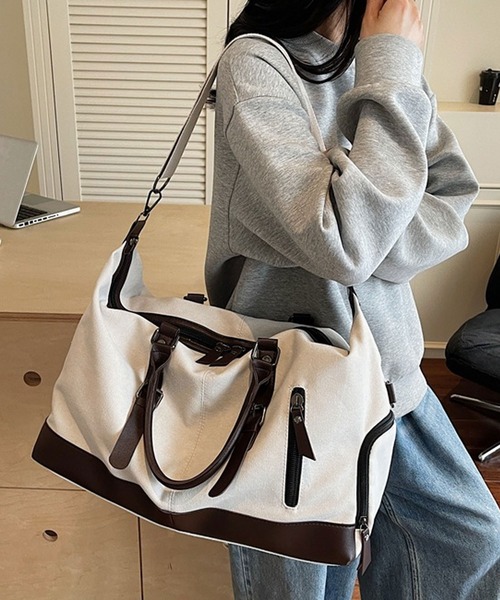 florist（フローリスト）の「【2WAY・大容量33L】キャリーオンキャンバス×フェイクレザーボストンバッグ/トラベルバッグ/ショルダーバッグ（ボストンバッグ・メンズ・ホワイト/ブラック/モスグリーン・FREE）」の2枚目の写真