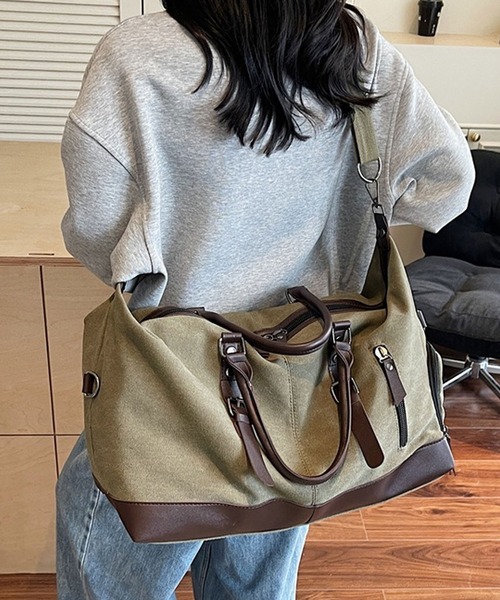 florist（フローリスト）の「【2WAY・大容量33L】キャリーオンキャンバス×フェイクレザーボストンバッグ/トラベルバッグ/ショルダーバッグ（ボストンバッグ・メンズ・ホワイト/ブラック/モスグリーン・FREE）」の3枚目の写真