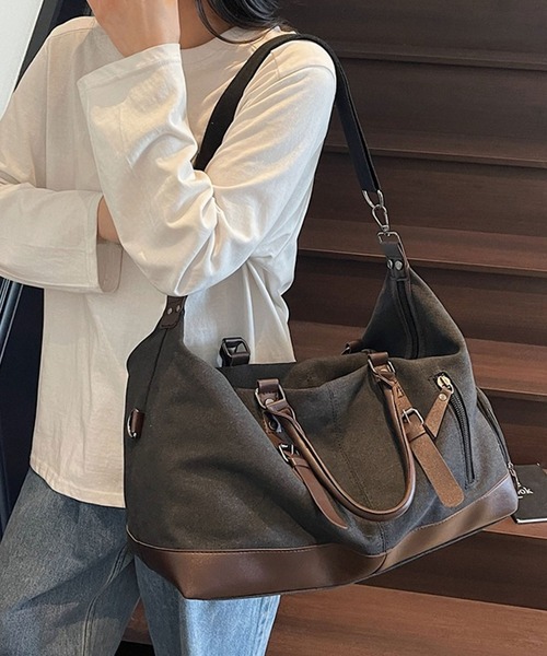 florist（フローリスト）の「【2WAY・大容量33L】キャリーオンキャンバス×フェイクレザーボストンバッグ/トラベルバッグ/ショルダーバッグ（ボストンバッグ・メンズ・ホワイト/ブラック/モスグリーン・FREE）」の4枚目の写真