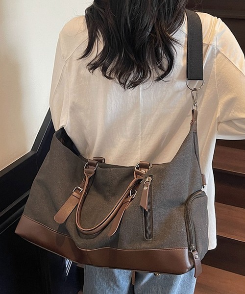 florist（フローリスト）の「【2WAY・大容量33L】キャリーオンキャンバス×フェイクレザーボストンバッグ/トラベルバッグ/ショルダーバッグ（ボストンバッグ・メンズ・ホワイト/ブラック/モスグリーン・FREE）」の5枚目の写真