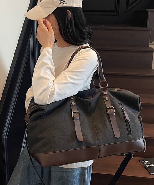 florist（フローリスト）の「【2WAY・大容量33L】キャリーオンキャンバス×フェイクレザーボストンバッグ/トラベルバッグ/ショルダーバッグ（ボストンバッグ・メンズ・ホワイト/ブラック/モスグリーン・FREE）」の6枚目の写真