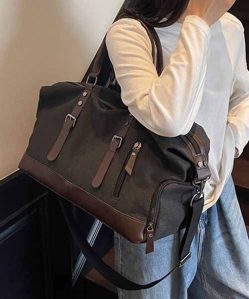 florist（フローリスト）の「【2WAY・大容量33L】キャリーオンキャンバス×フェイクレザーボストンバッグ/トラベルバッグ/ショルダーバッグ（ボストンバッグ・メンズ・ホワイト/ブラック/モスグリーン・FREE）」の7枚目の写真