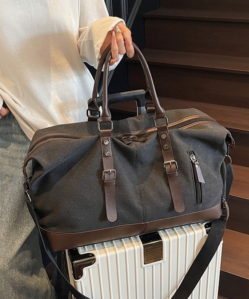 florist（フローリスト）の「【2WAY・大容量33L】キャリーオンキャンバス×フェイクレザーボストンバッグ/トラベルバッグ/ショルダーバッグ（ボストンバッグ・メンズ・ホワイト/ブラック/モスグリーン・FREE）」の8枚目の写真