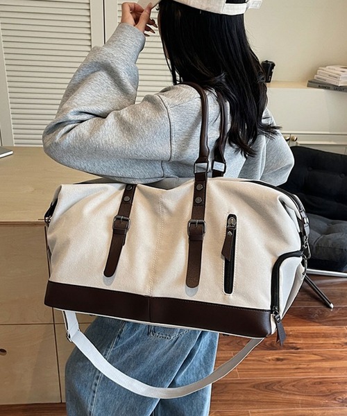 florist（フローリスト）の「【2WAY・大容量33L】キャリーオンキャンバス×フェイクレザーボストンバッグ/トラベルバッグ/ショルダーバッグ（ボストンバッグ・メンズ・ホワイト/ブラック/モスグリーン・FREE）」の9枚目の写真