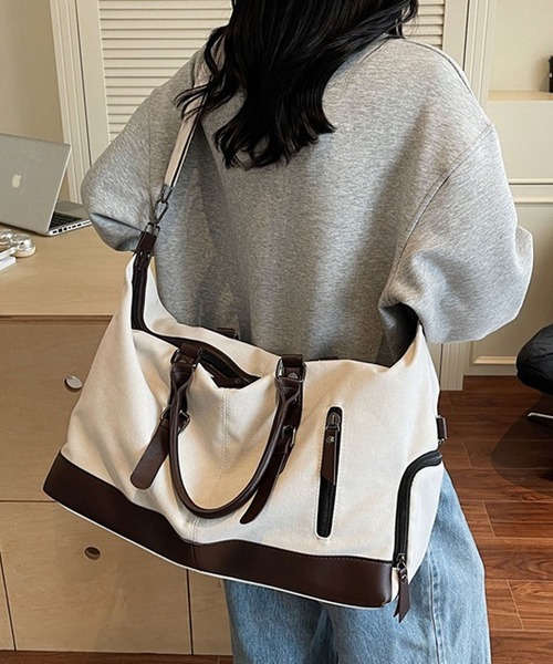 florist（フローリスト）の「【2WAY・大容量33L】キャリーオンキャンバス×フェイクレザーボストンバッグ/トラベルバッグ/ショルダーバッグ（ボストンバッグ・メンズ・ホワイト/ブラック/モスグリーン・FREE）」の10枚目の写真