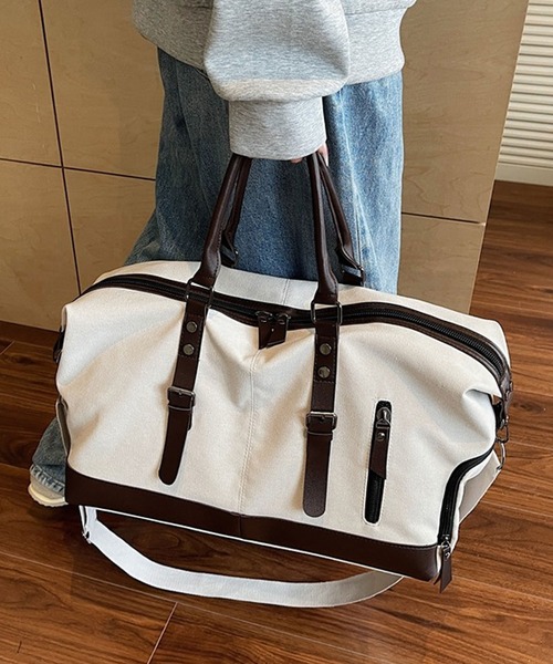 florist（フローリスト）の「【2WAY・大容量33L】キャリーオンキャンバス×フェイクレザーボストンバッグ/トラベルバッグ/ショルダーバッグ（ボストンバッグ・メンズ・ホワイト/ブラック/モスグリーン・FREE）」の11枚目の写真