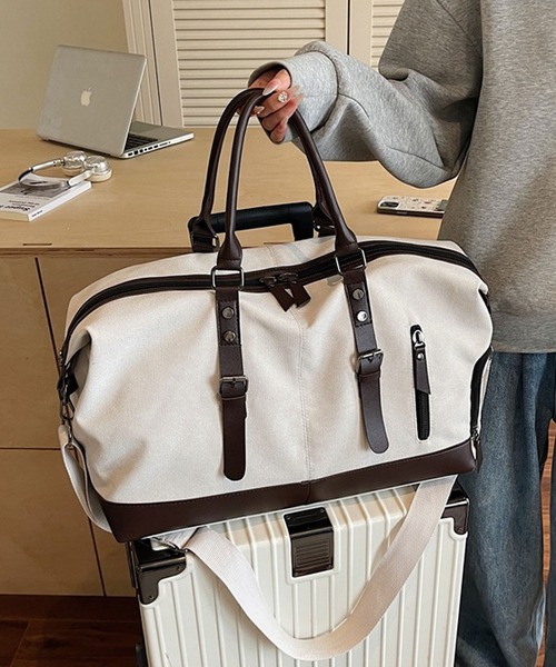 florist（フローリスト）の「【2WAY・大容量33L】キャリーオンキャンバス×フェイクレザーボストンバッグ/トラベルバッグ/ショルダーバッグ（ボストンバッグ・メンズ・ホワイト/ブラック/モスグリーン・FREE）」の12枚目の写真